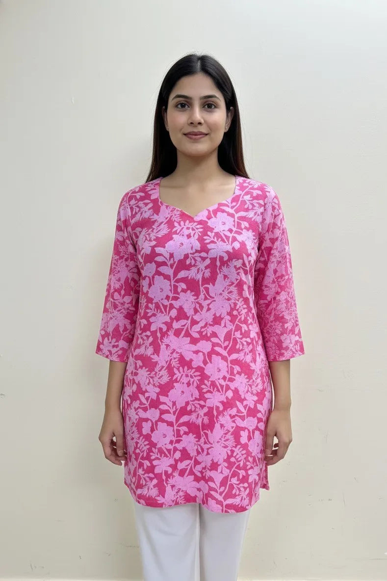 Pink Floral Cotton Short Kurti