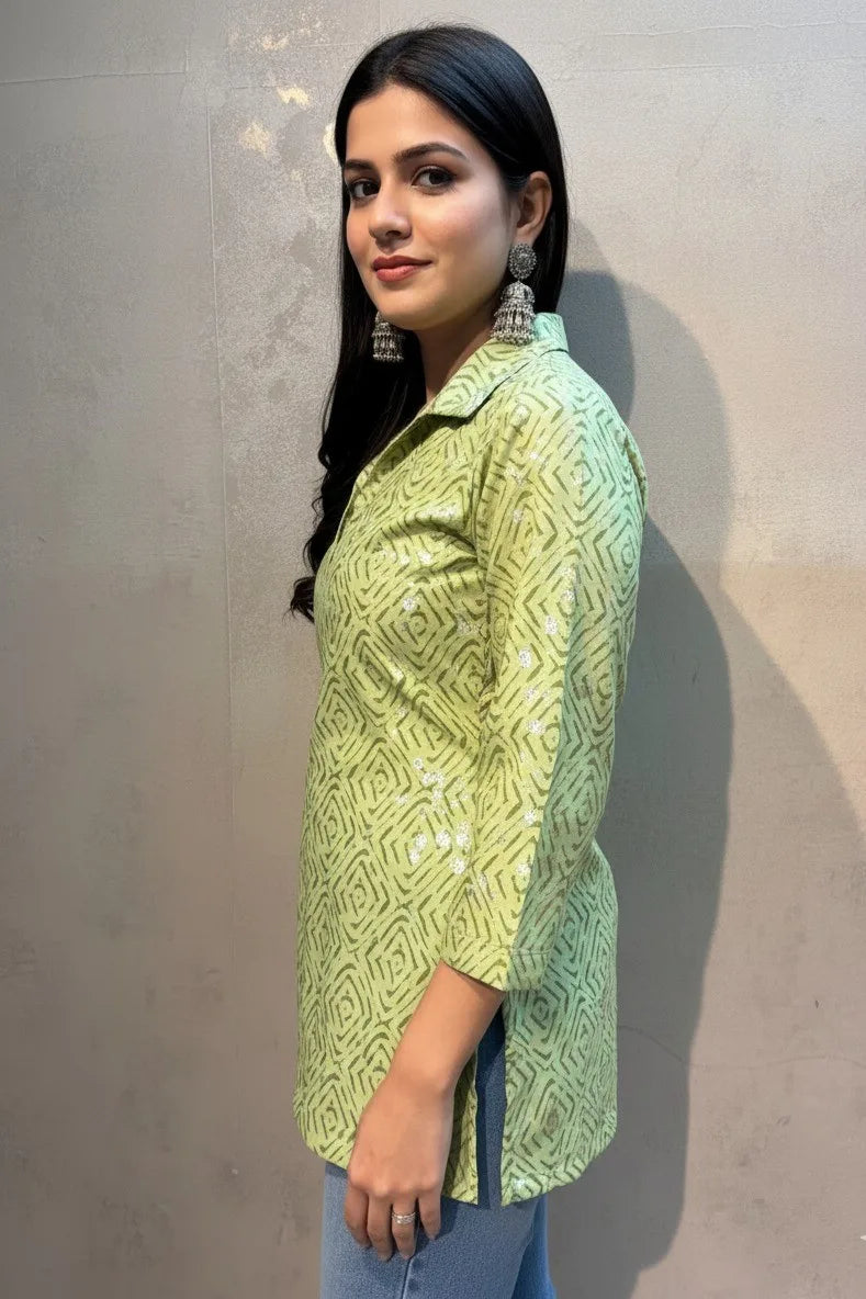 Green Cotton Printed Short Kurti