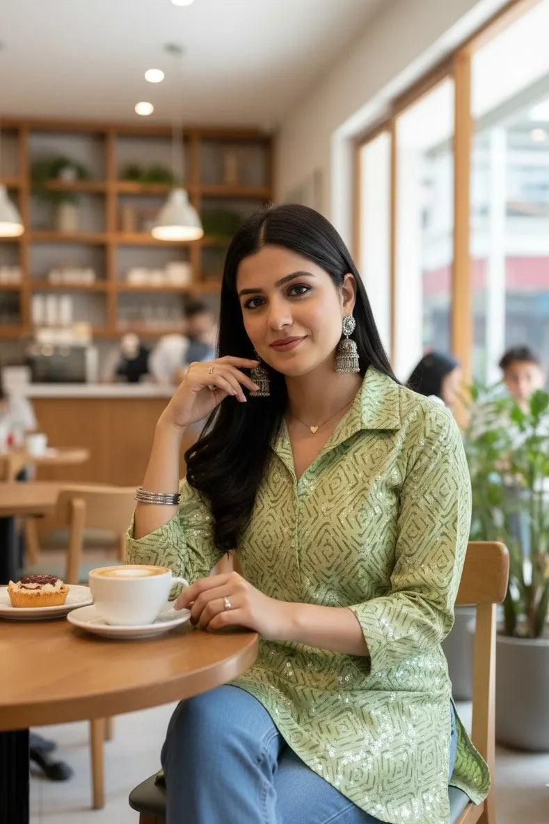 Green Cotton Printed Short Kurti