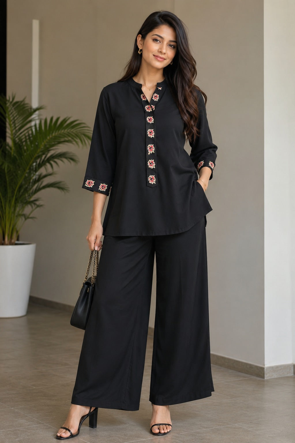 Black Floral Embroidered Kurti with Palazzo Pants
