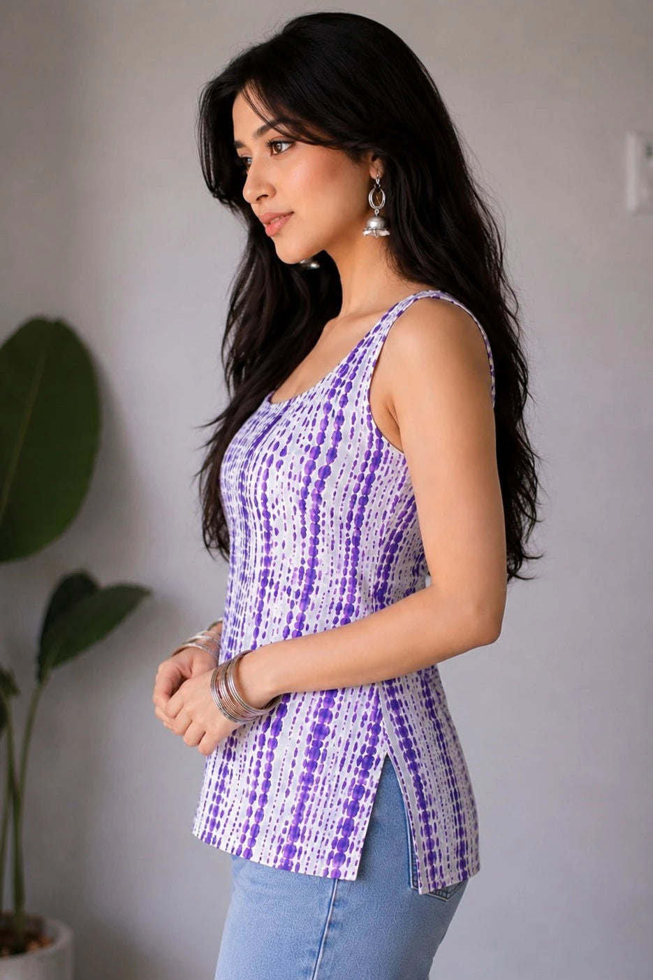 Purple Sleeveless Cotton Short Kurti