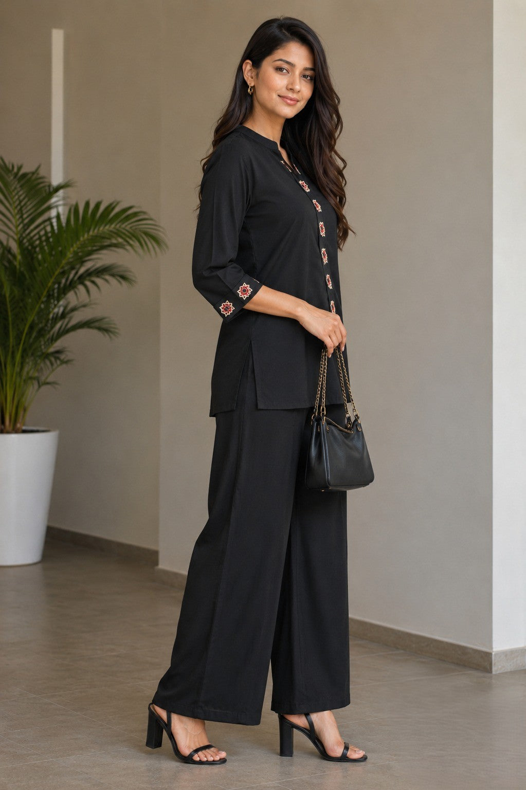 Black Floral Embroidered Kurti with Palazzo Pants
