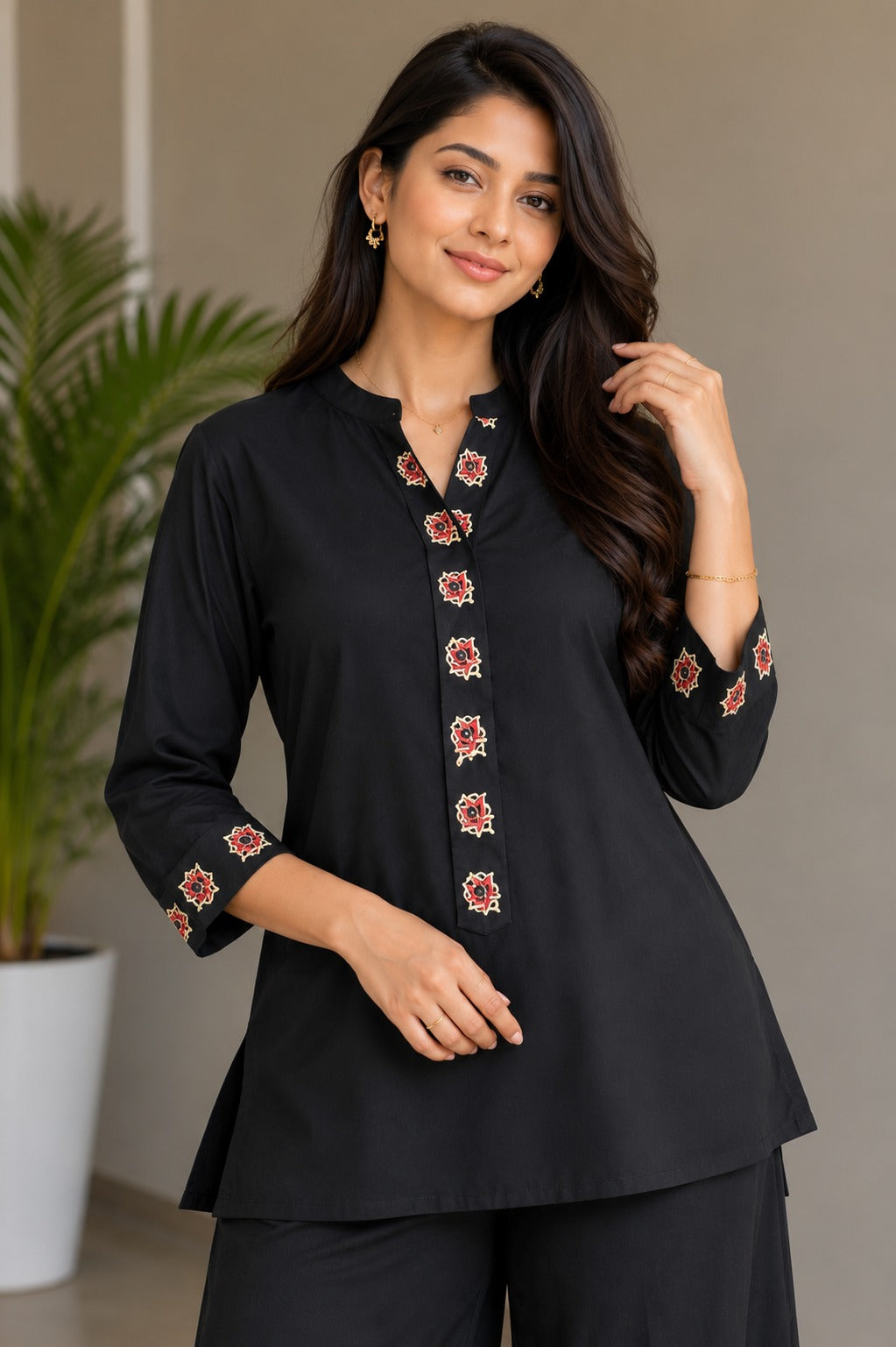 Black Floral Embroidered Kurti with Palazzo Pants