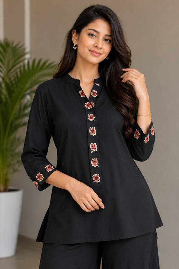 Black Floral Embroidered Kurti with Palazzo Pants