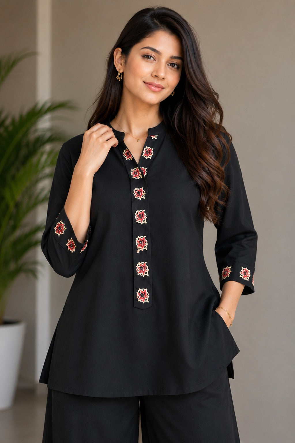 Black Floral Embroidered Kurti with Palazzo Pants