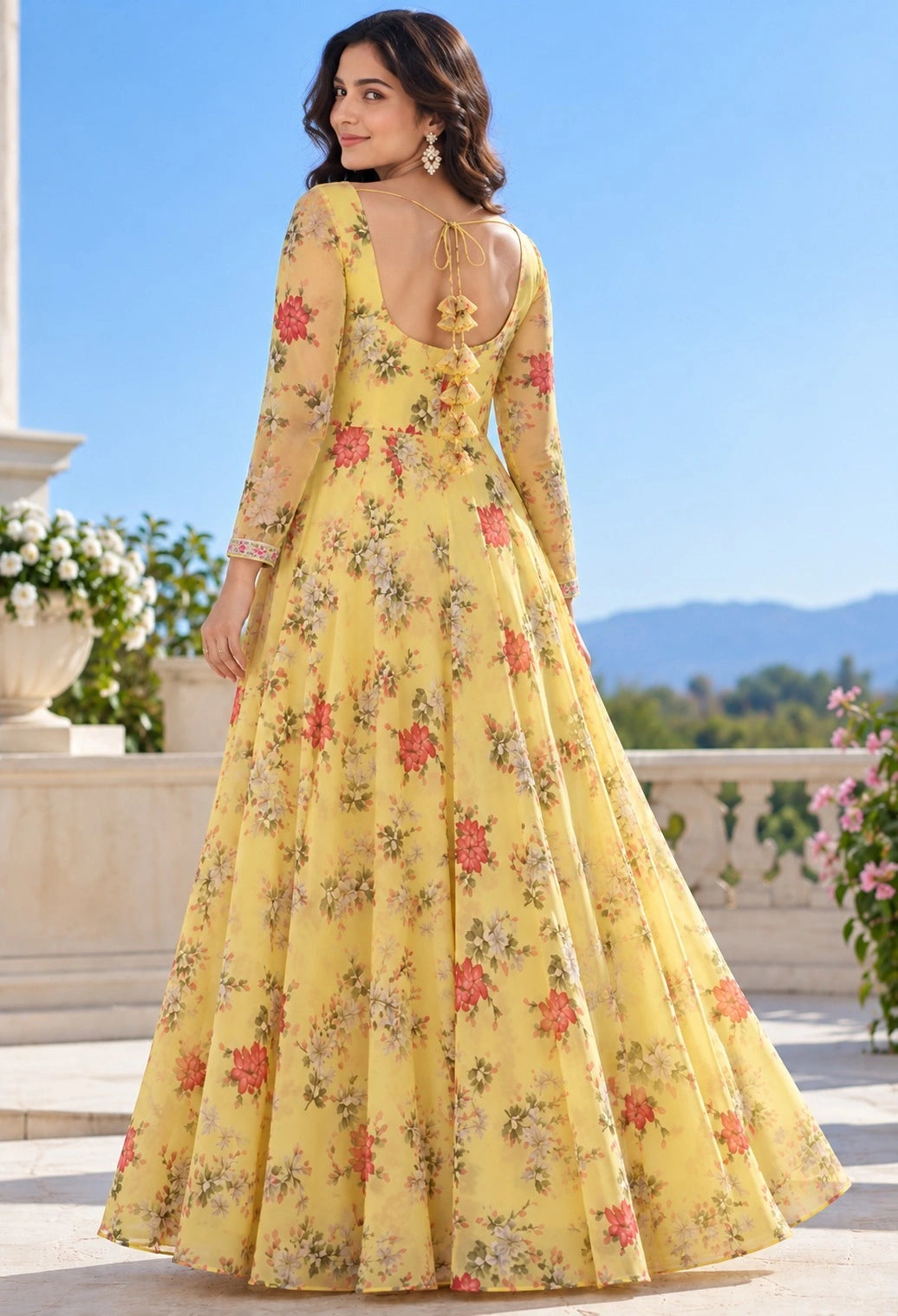 Yellow Floral Georgette Maxi Dress for Women