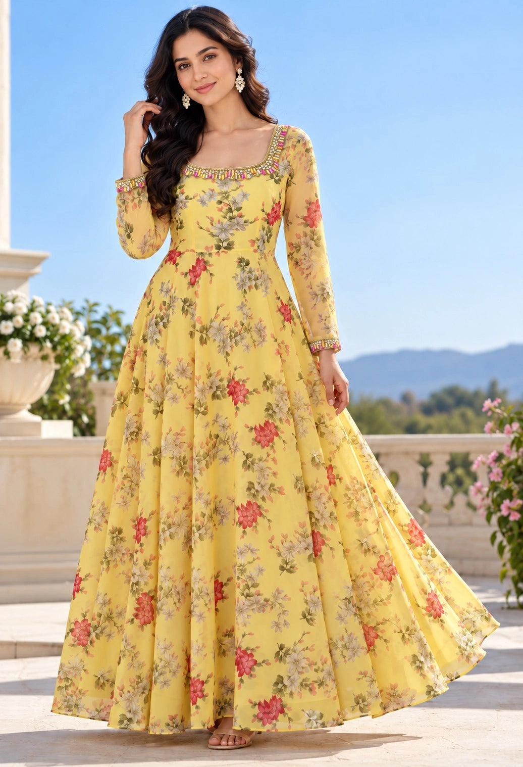 Yellow Floral Georgette Maxi Dress for Women