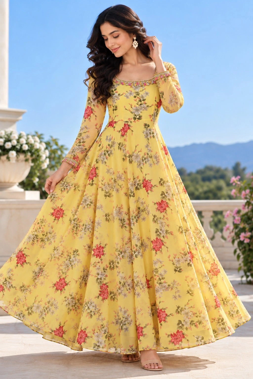 Yellow Floral Georgette Maxi Dress for Women