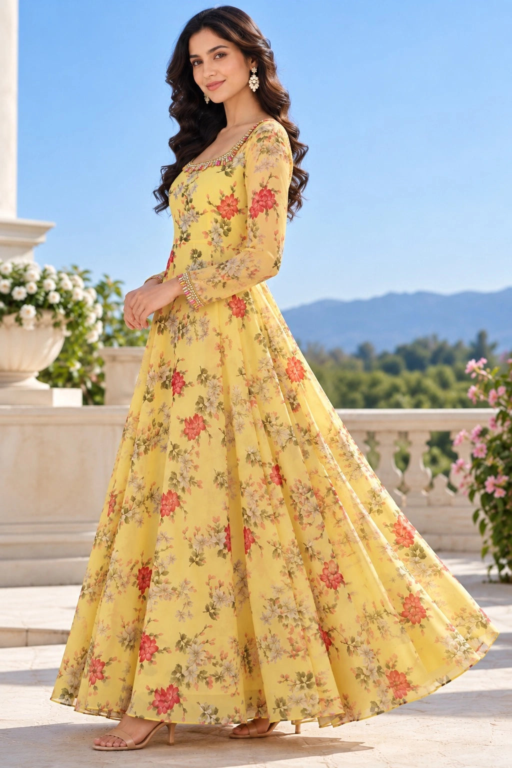 Yellow Floral Georgette Maxi Dress for Women