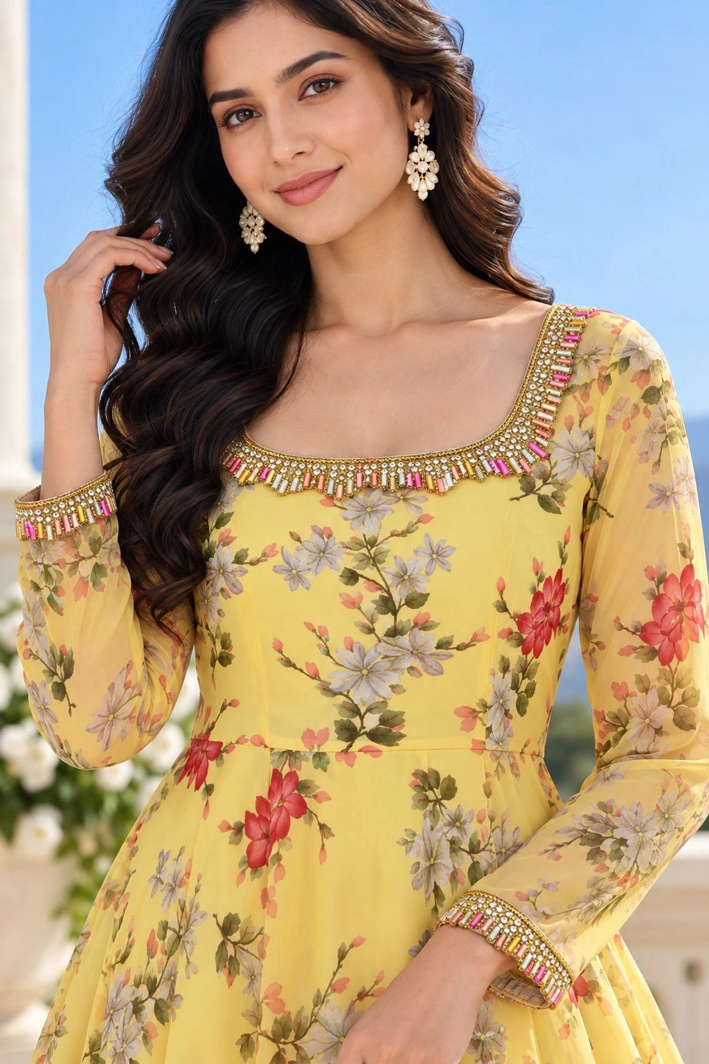 Yellow Floral Georgette Maxi Dress for Women
