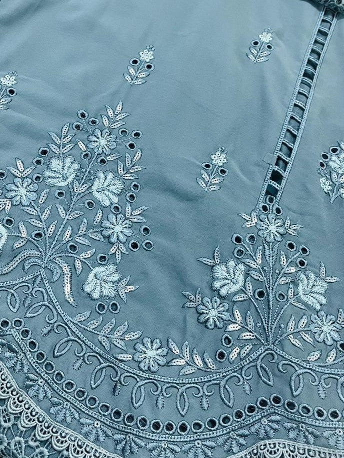 Women’s Blue Embroidered suit with palazzo and Chiffon Dupatta