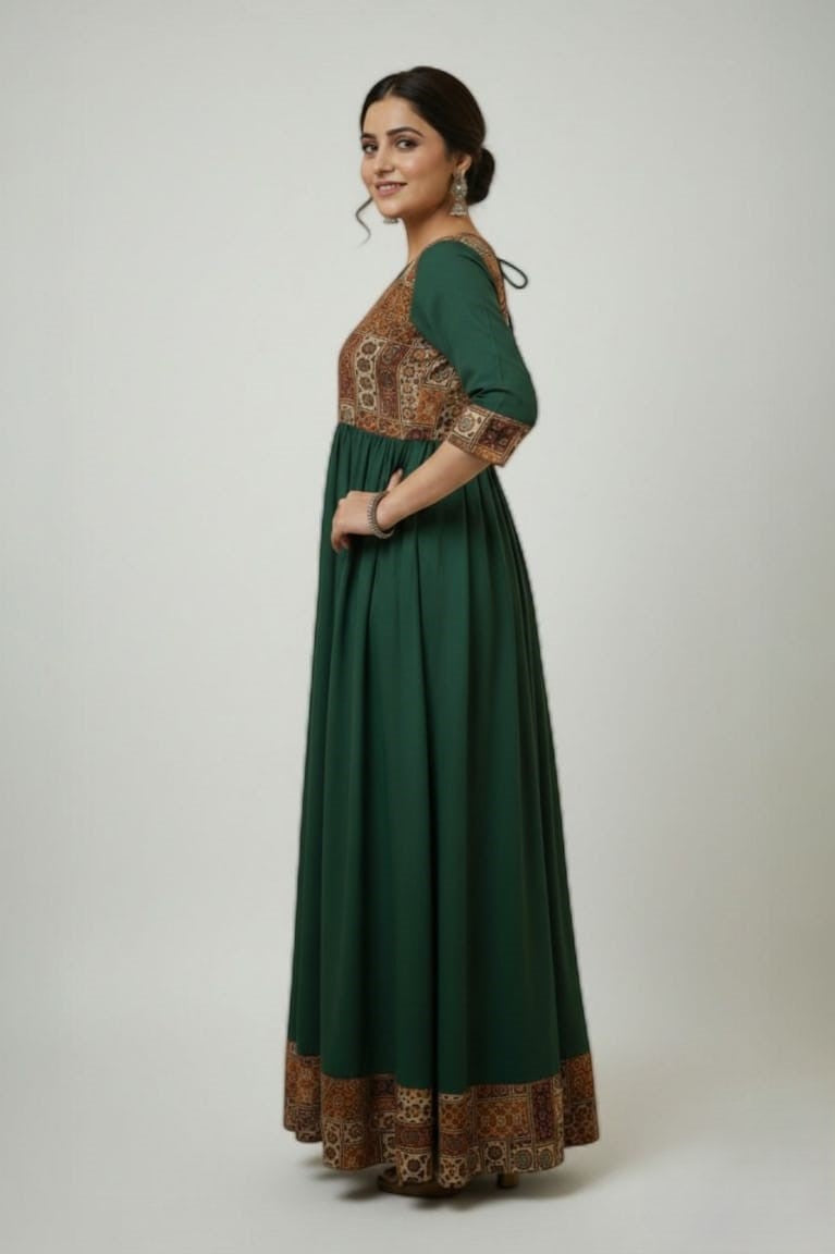 Women's Dark Green Anarkali Gown with Dupatta – Festive Ethnic Wear for Diwali, Weddings & Parties