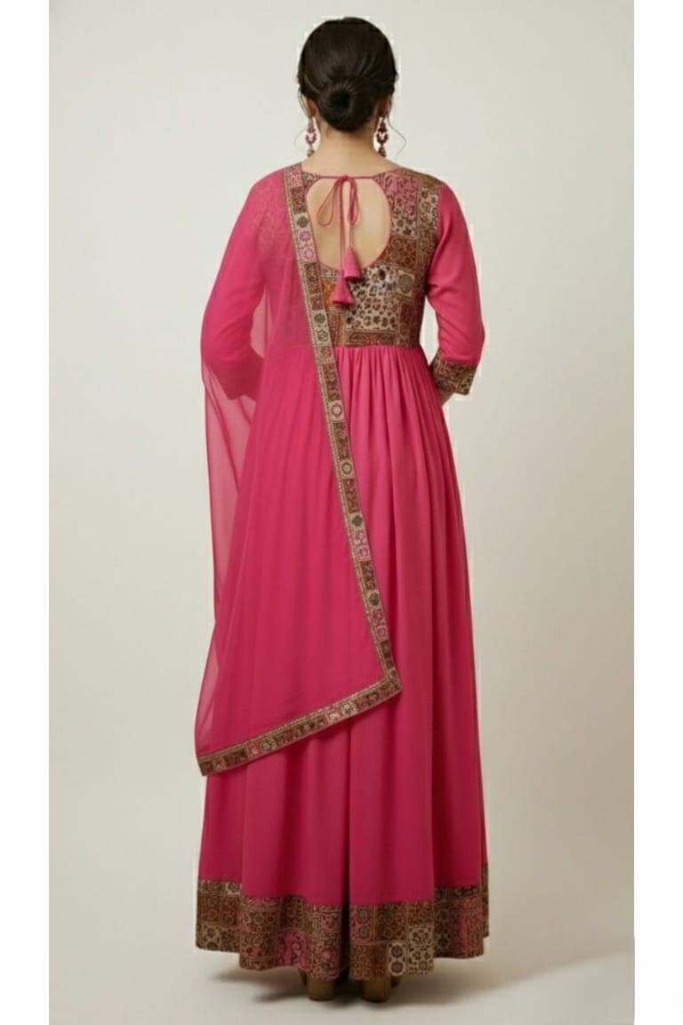 Women's Pink  Anarkali Gown with Border Detailing  Design | Festive Wear | Wedding Wear | Party Wear
