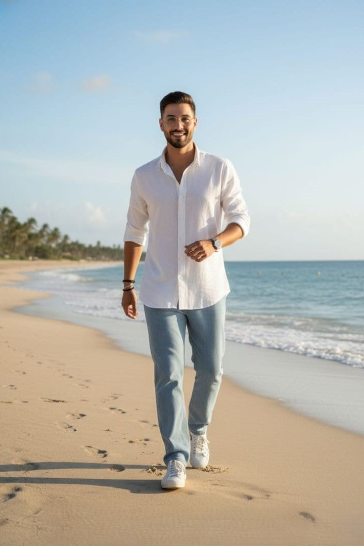 Men's White Linen Spread Collar Shirt