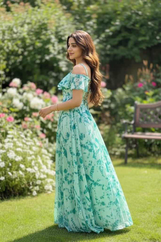 Women Cold Shoulder Maxi Dress with Lace-Up Back