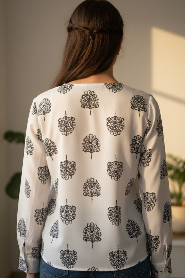 White & Black Floral V-Neck Shirt for Women – Back View