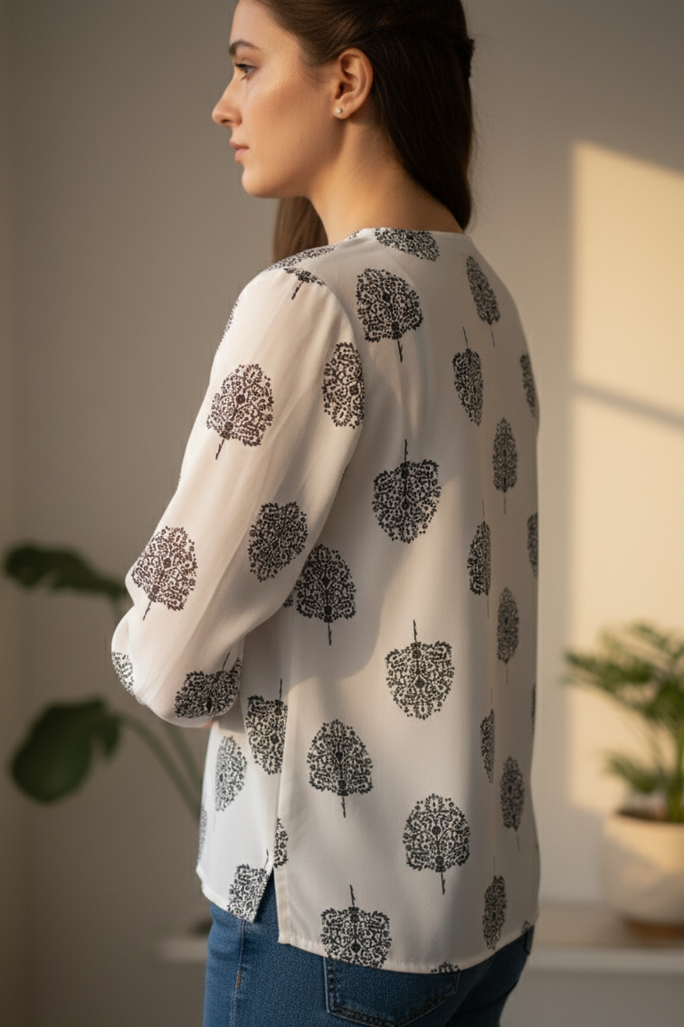 White & Black Floral V-Neck Shirt for Women – Side View