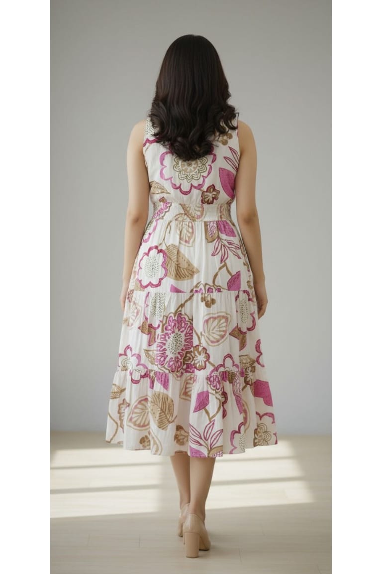 Elegant white floral print cotton dress for women featuring a sleeveless design and stylish V-neck. Lightweight and breathable, perfect for summer wear, casual outings, and everyday comfort.