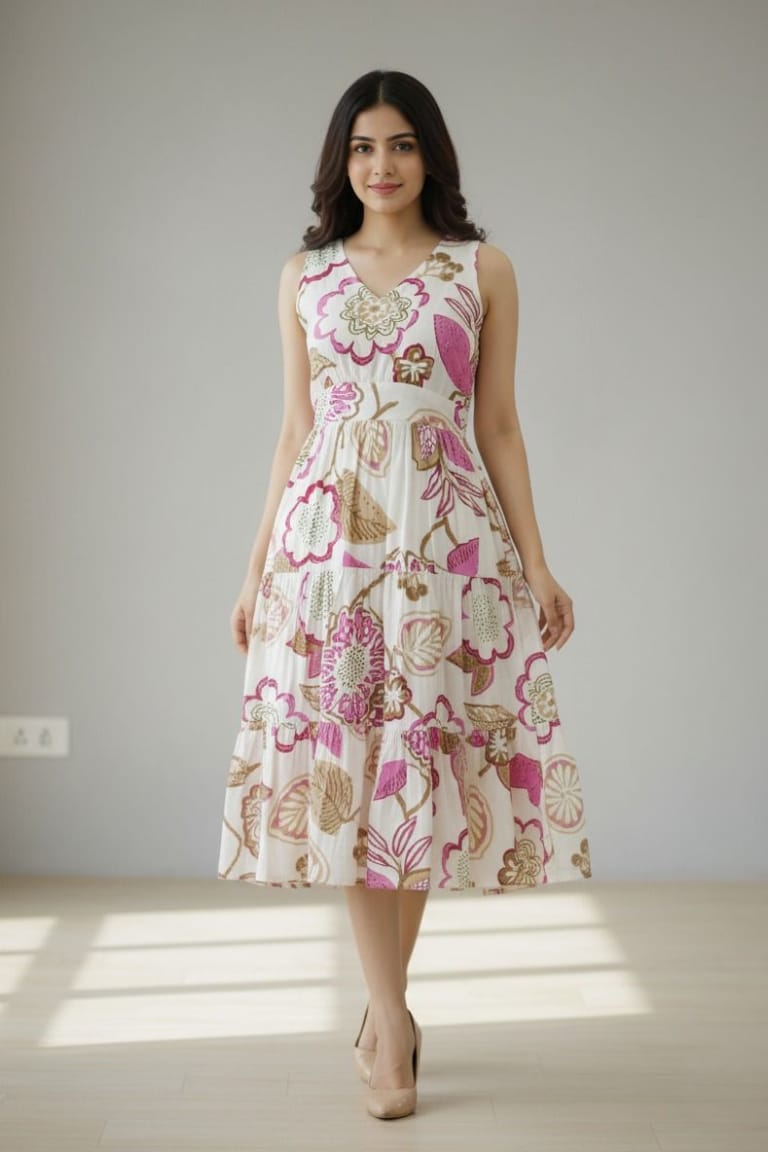 Elegant white floral print cotton dress for women featuring a sleeveless design and stylish V-neck. Lightweight and breathable, perfect for summer wear, casual outings, and everyday comfort.
