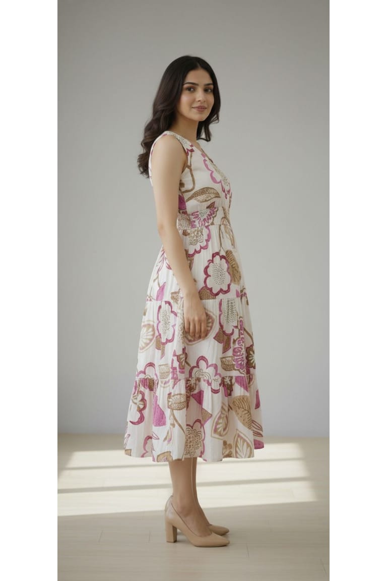 Elegant white floral print cotton dress for women featuring a sleeveless design and stylish V-neck. Lightweight and breathable, perfect for summer wear, casual outings, and everyday comfort.