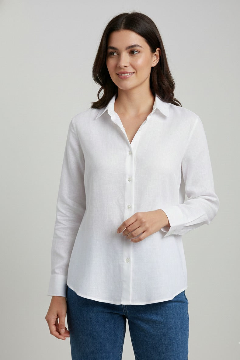 White linen shirt for women with full sleeves and breathable fabric. Perfect formal shirt for women, summer shirt, office wear shirt, and ladies formal wear shirt.