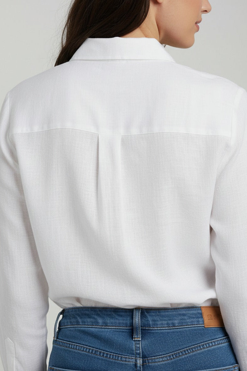 White linen shirt for women with full sleeves and breathable fabric. Perfect formal shirt for women, summer shirt, office wear shirt, and ladies formal wear shirt.