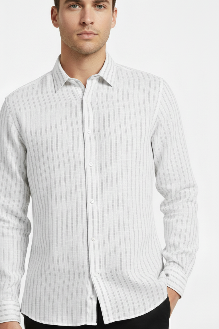 White black Striped Pure Linen Shirt for Men – Front View