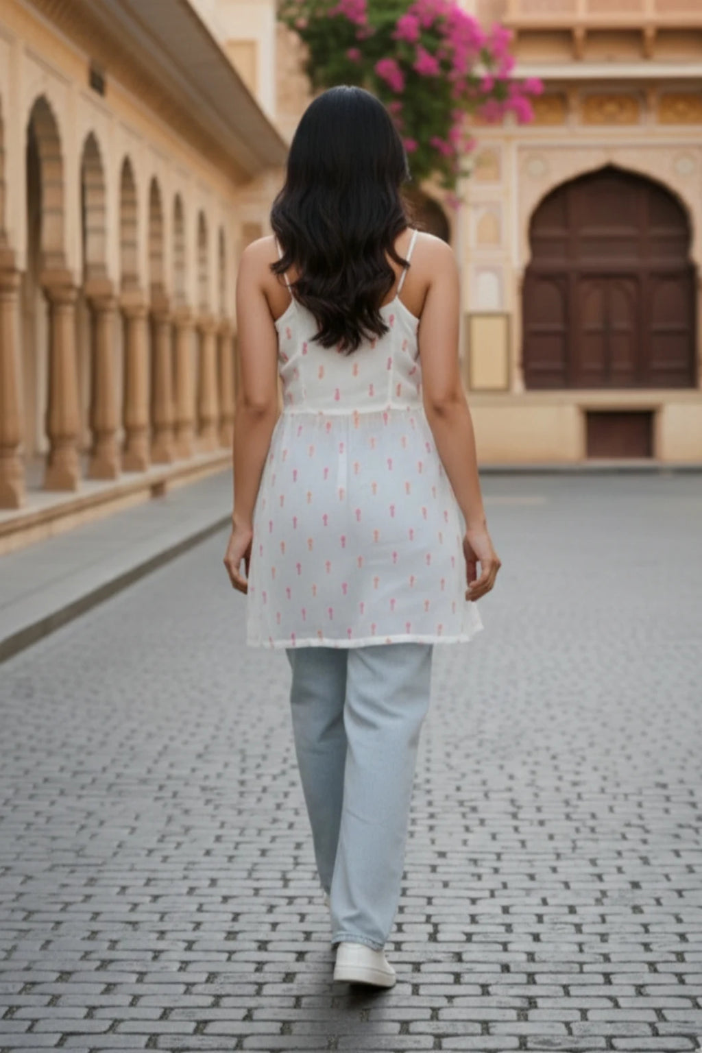 White crepe Nyra cut short kurti for women, sleeveless short kurti, trendy ethnic wear top