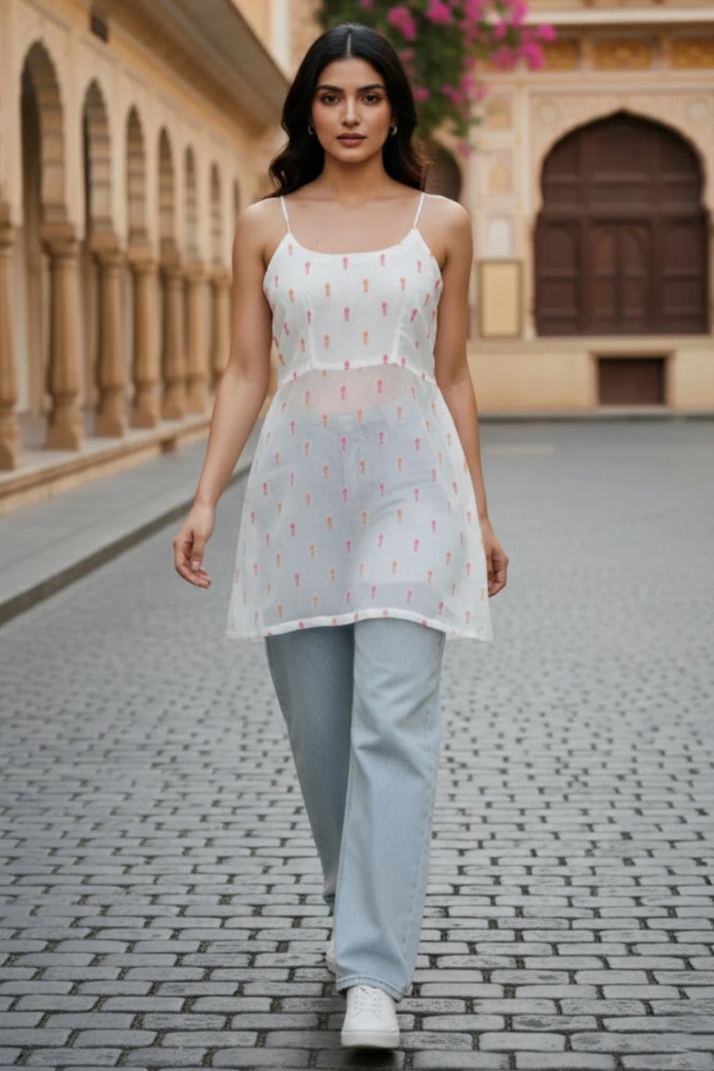 White crepe Nyra cut short kurti for women, sleeveless short kurti, trendy ethnic wear top