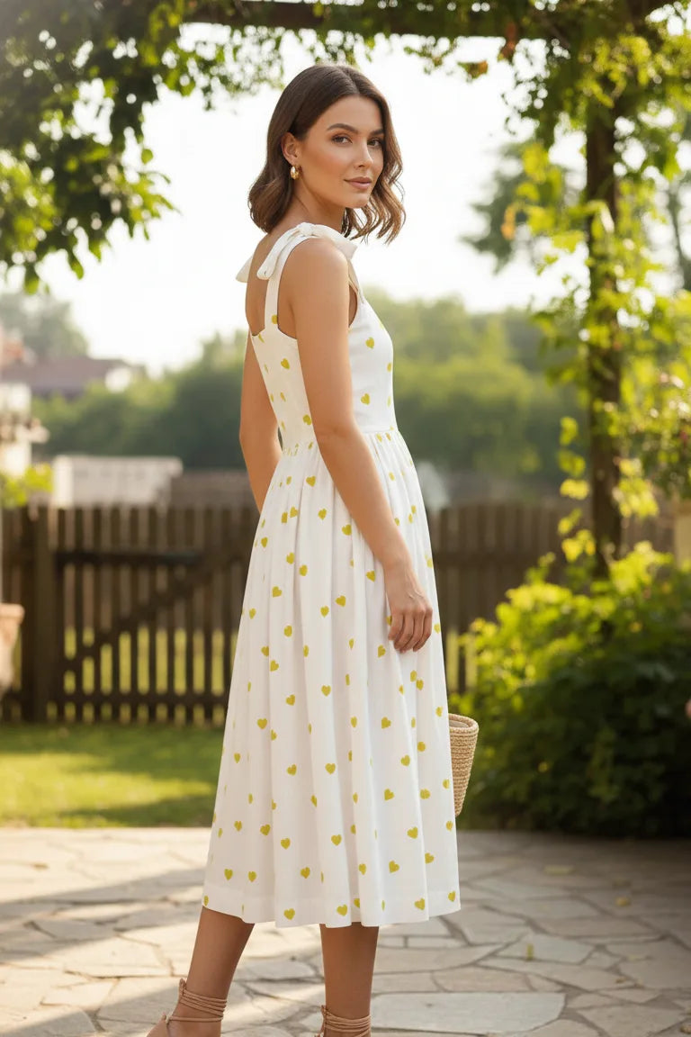White Green Heart Print Cotton Midi Dress for Women