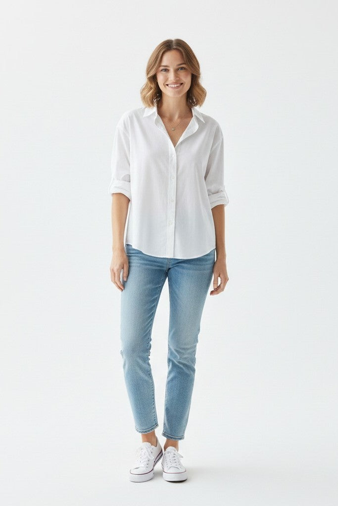 Stylish white loose fit cotton shirt for women, perfect for casual wear, office looks, and everyday comfort.
