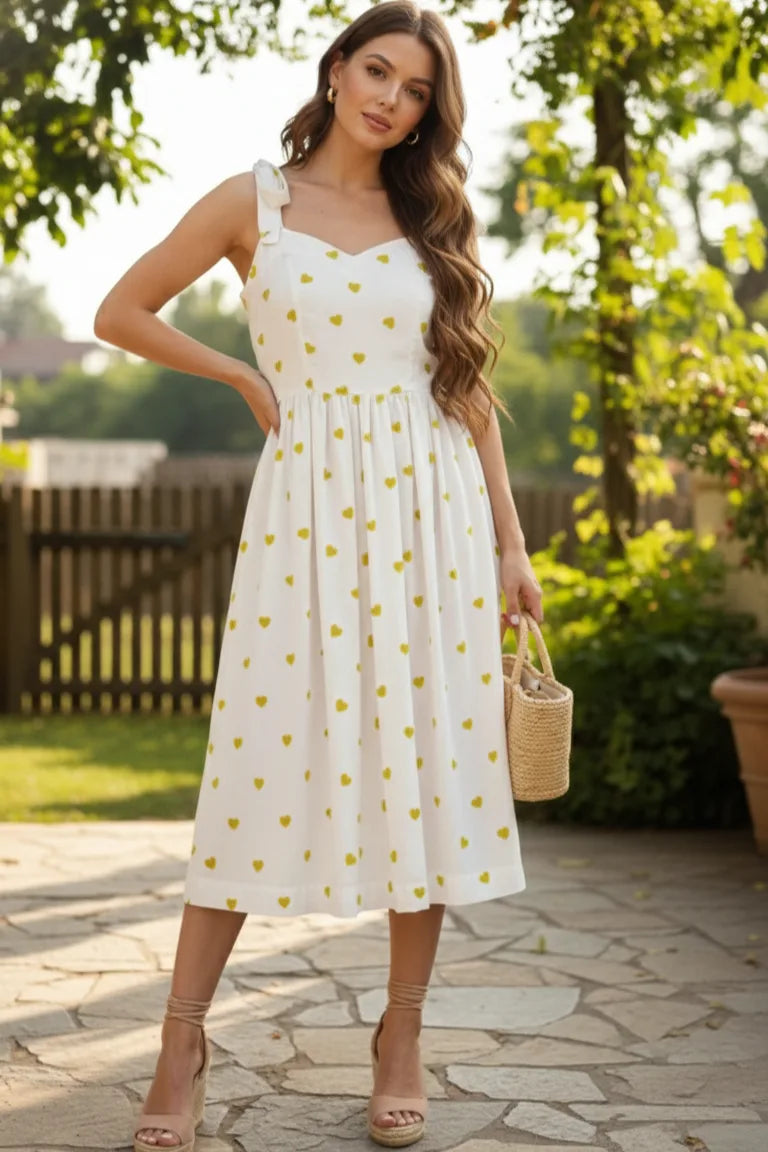 White  middi dress with green hart print- flare view