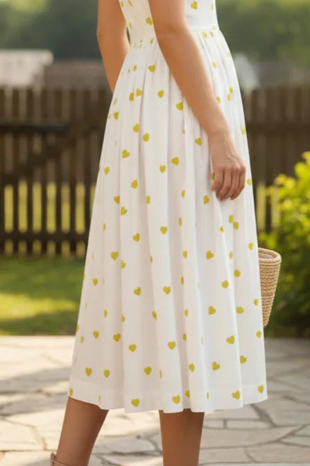 White Green Heart Print Cotton Midi Dress for Women