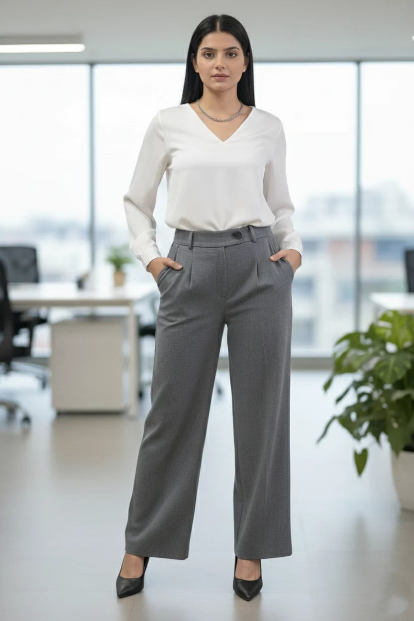 Women Grey formal Wide-Leg Trousers- full front