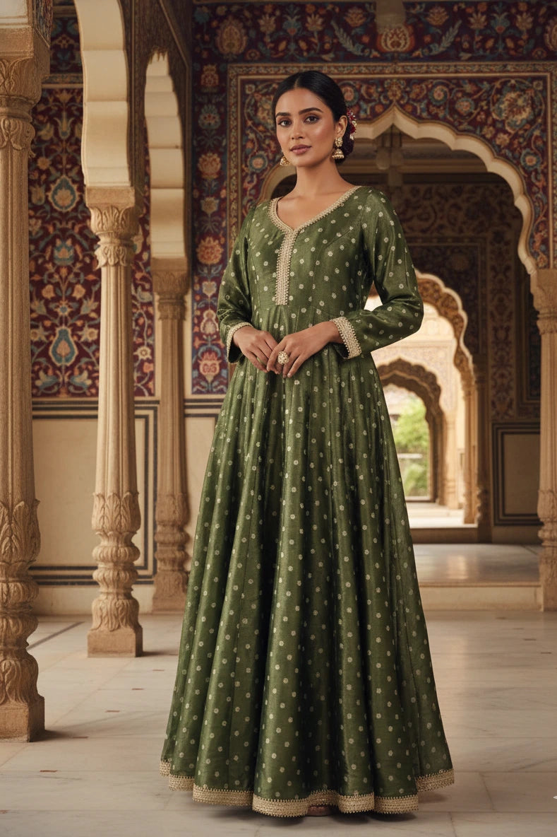 Elegant ethnic wear featuring a flowing anarkali gown with a graceful anarkali silhouette. This stylish gown is suitable for maternity dresses, offers the comfort of maxi dresses, and stands out among timeless gowns for women.- front