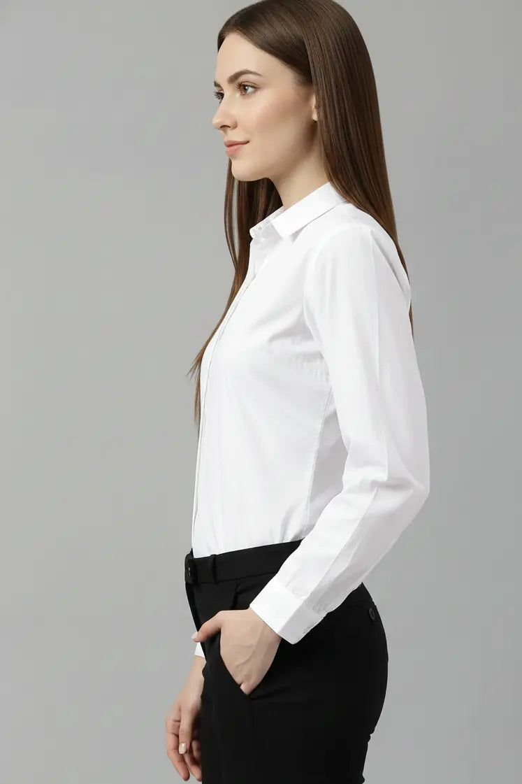 Women’s white cotton shirt featuring a classic spread collar and full sleeves, perfect for formal wear and party wear, elegant white party wear shirt suitable for office and casual styling, premium white formal shirt for women.