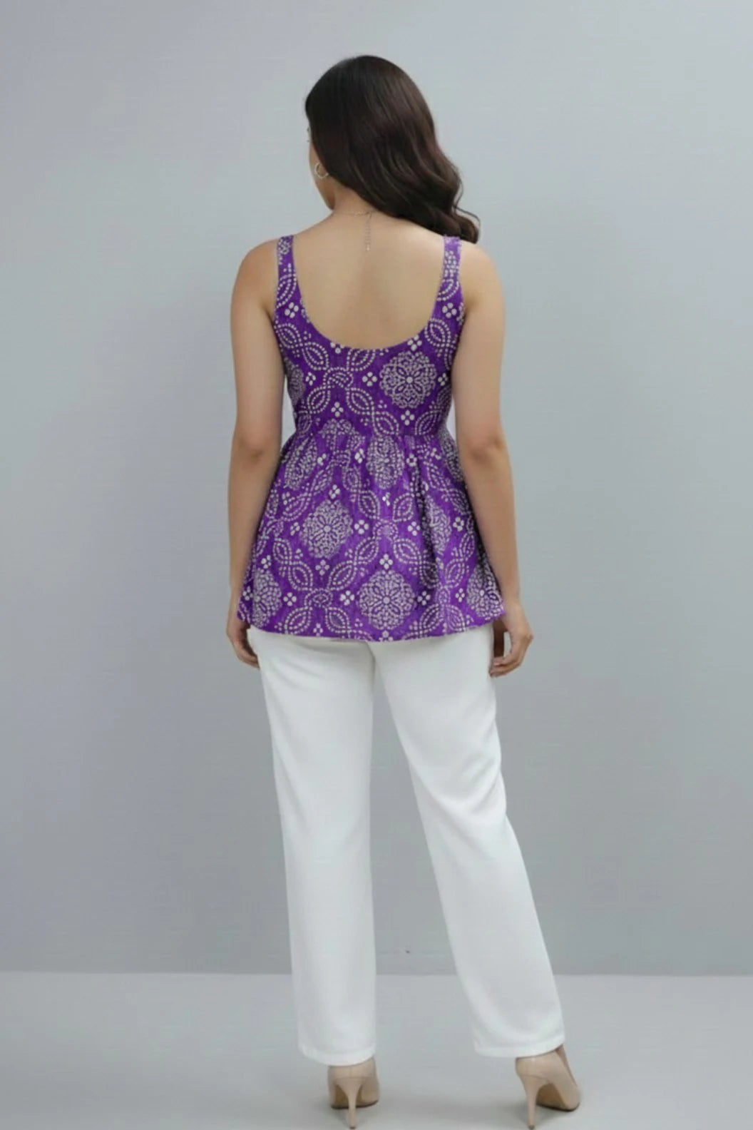 Women bandhani print sleeveless kurti, cotton short flared kurti, trendy ethnic top for daily wear