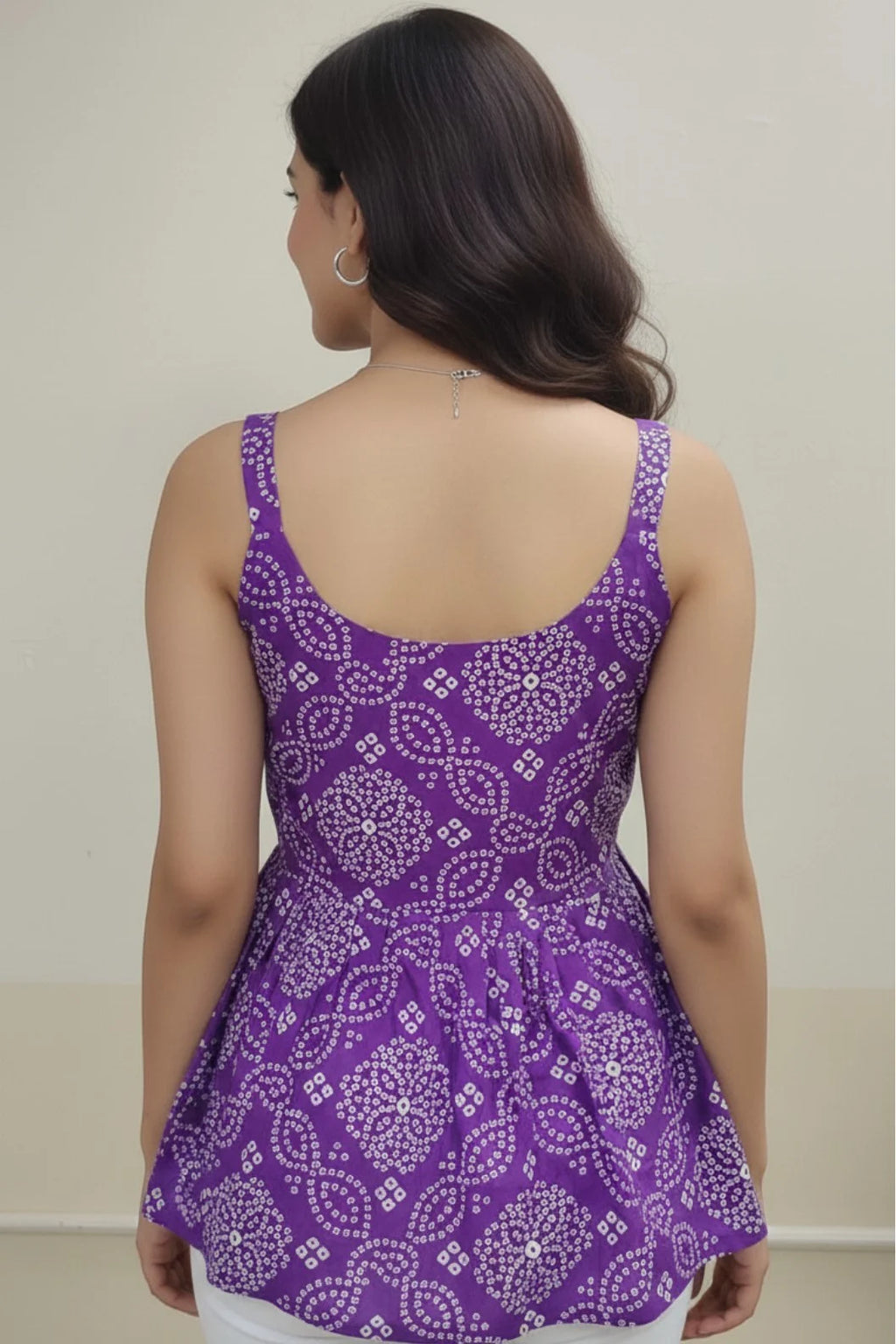 Women bandhani print sleeveless kurti, cotton short flared kurti, trendy ethnic top for daily wear