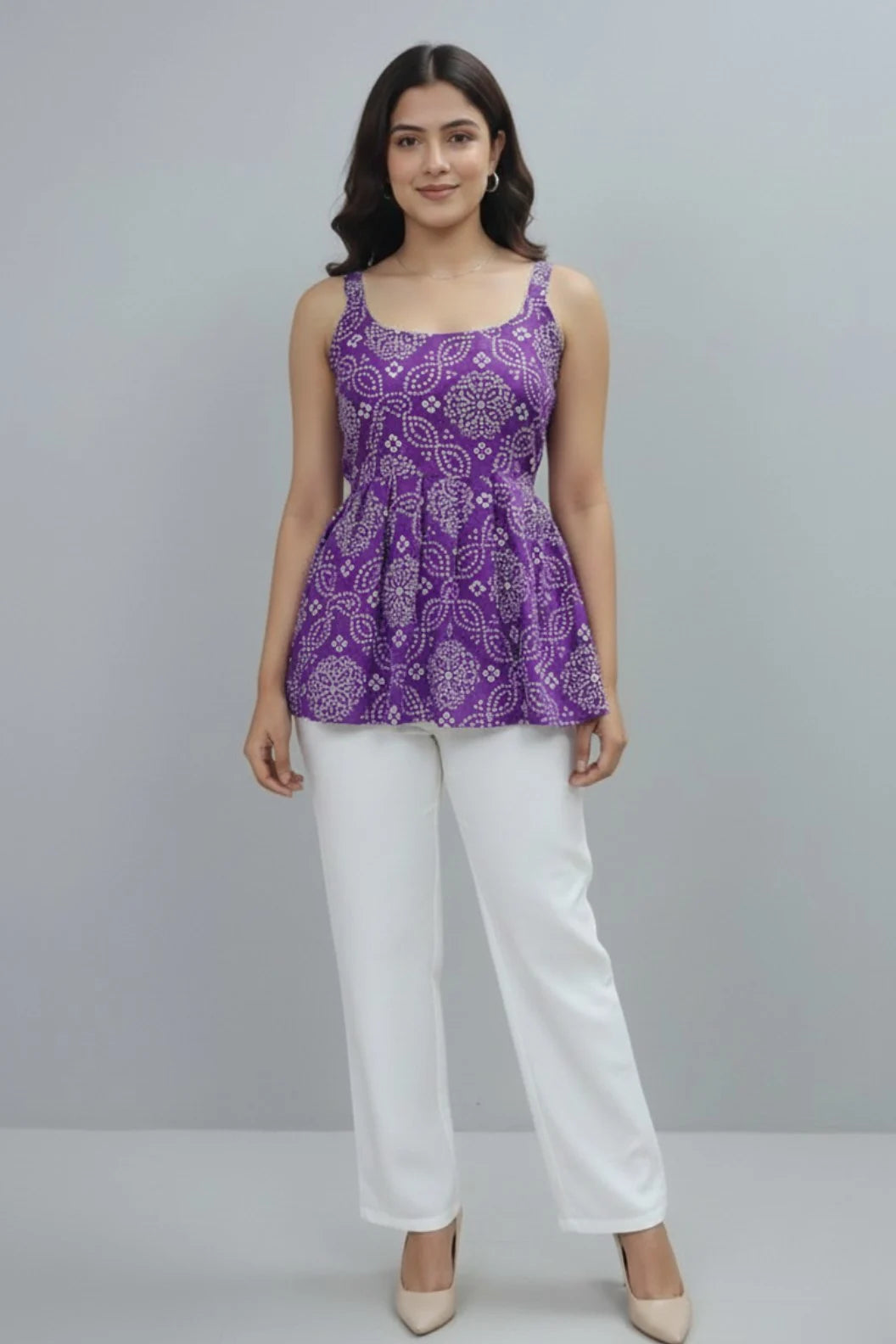 Women bandhani print sleeveless kurti, cotton short flared kurti, trendy ethnic top for daily wear