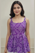 Women bandhani print sleeveless kurti, cotton short flared kurti, trendy ethnic top for daily wear