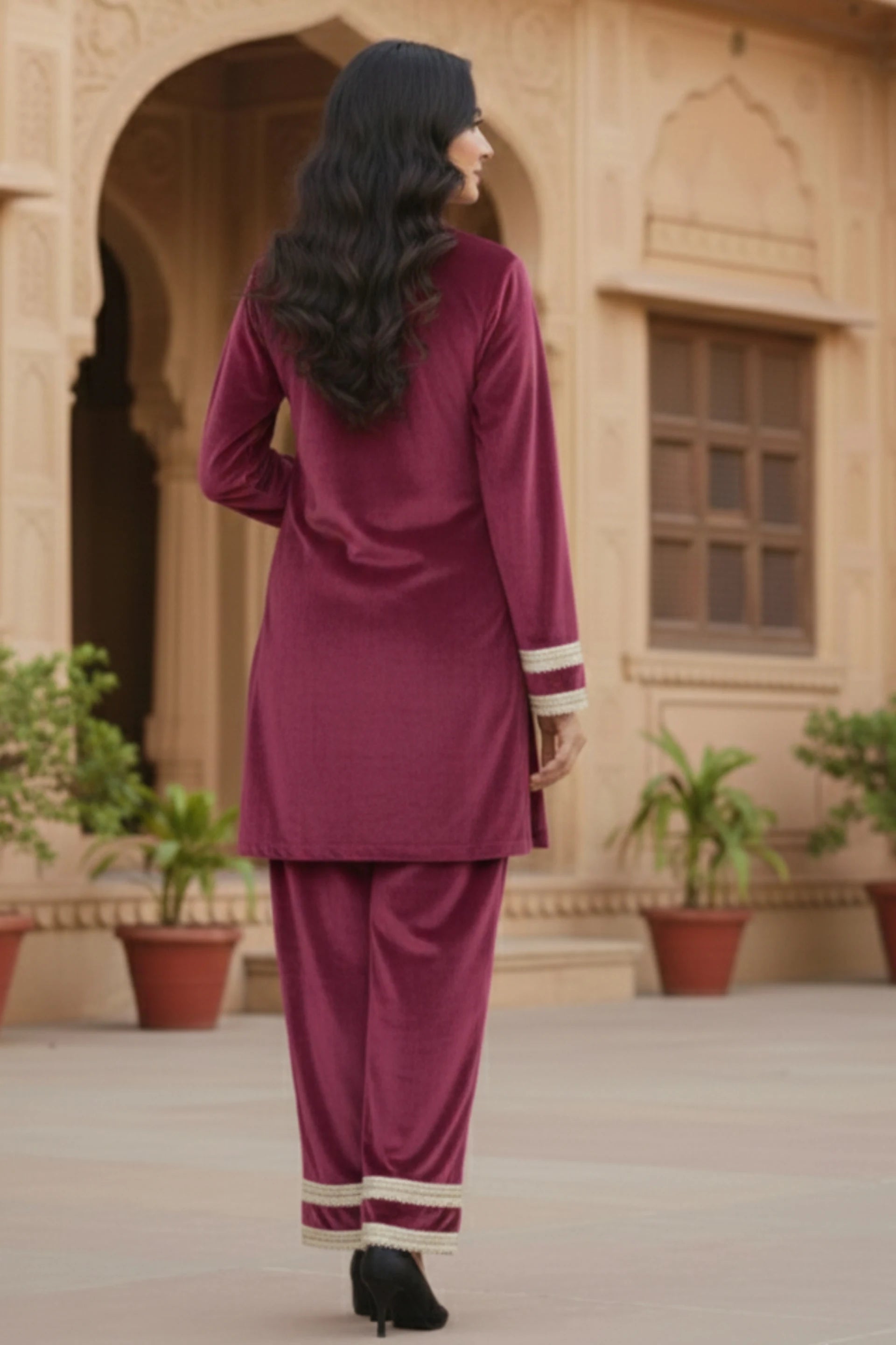 Women velvet kurta palazzo set, party wear kurta pant set for women, festive ethnic suit set