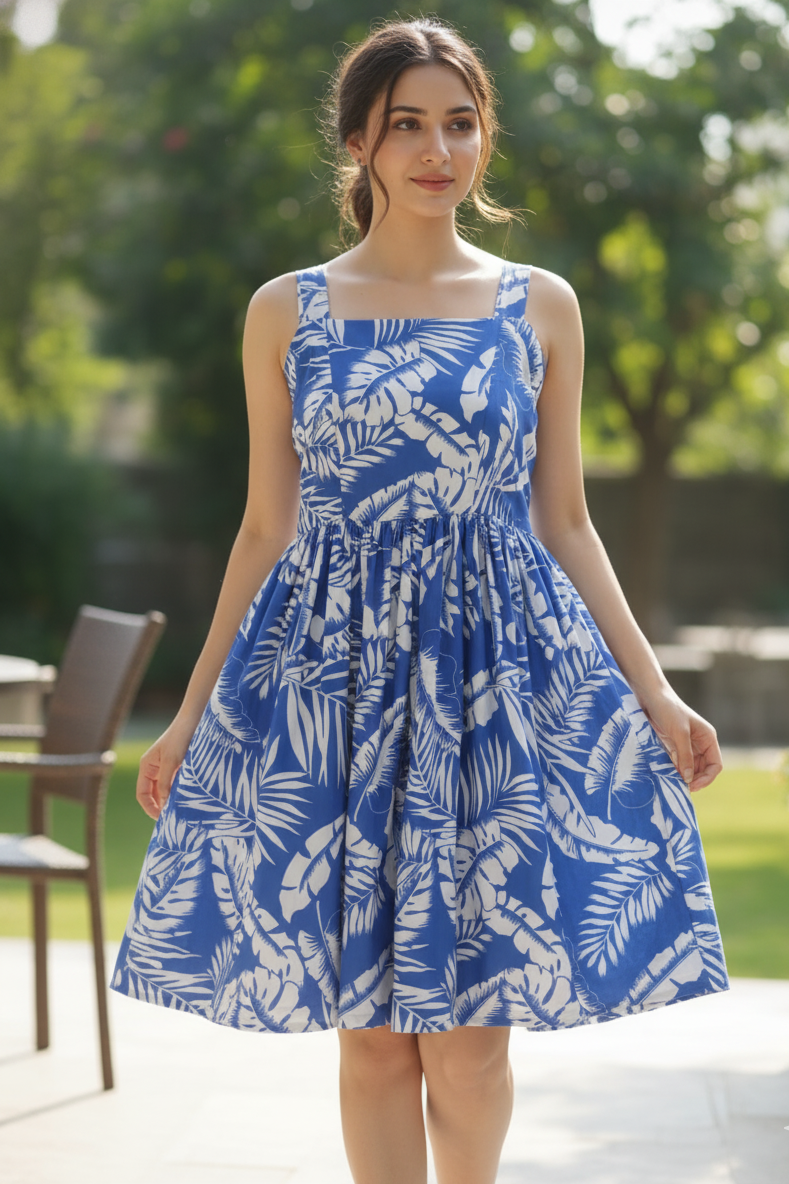 This vibrant dress for women features a bold botanical palm leaf print in white and cobalt blue. Designed with a flattering square neck and a flared skirt, this summer dress for women is a perfect pick for sunny beach vacations.