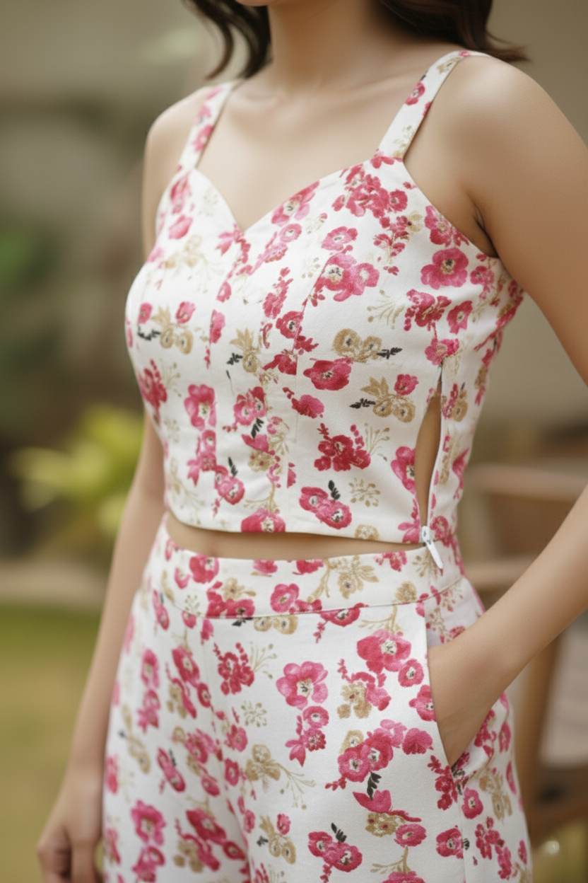 Experience premium style in this coordinated dress for women. Featuring bold pink motifs, this floral dress for women is a standout piece for brunch dates and casual gatherings.