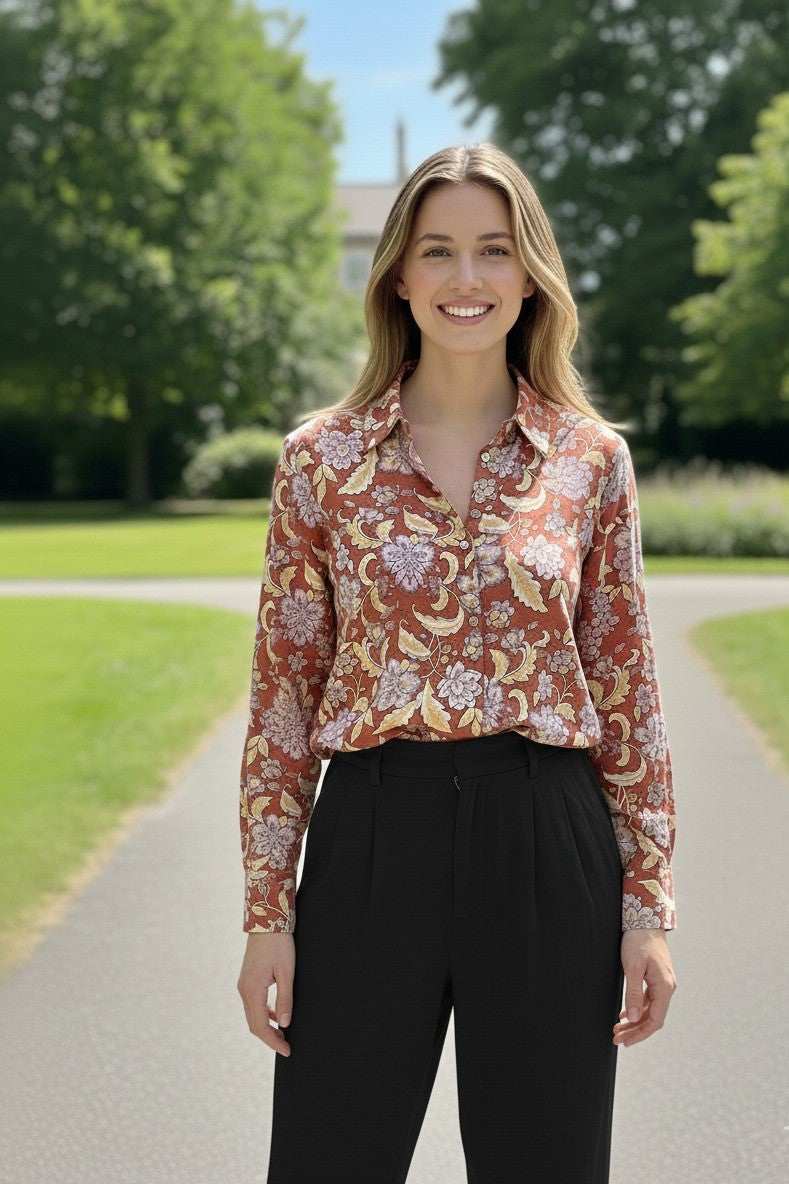Cotton shirt for women with floral print and full sleeves. Lightweight summer shirt for women, perfect as a ladies cotton shirt, printed shirt, and stylish long sleeve top.
