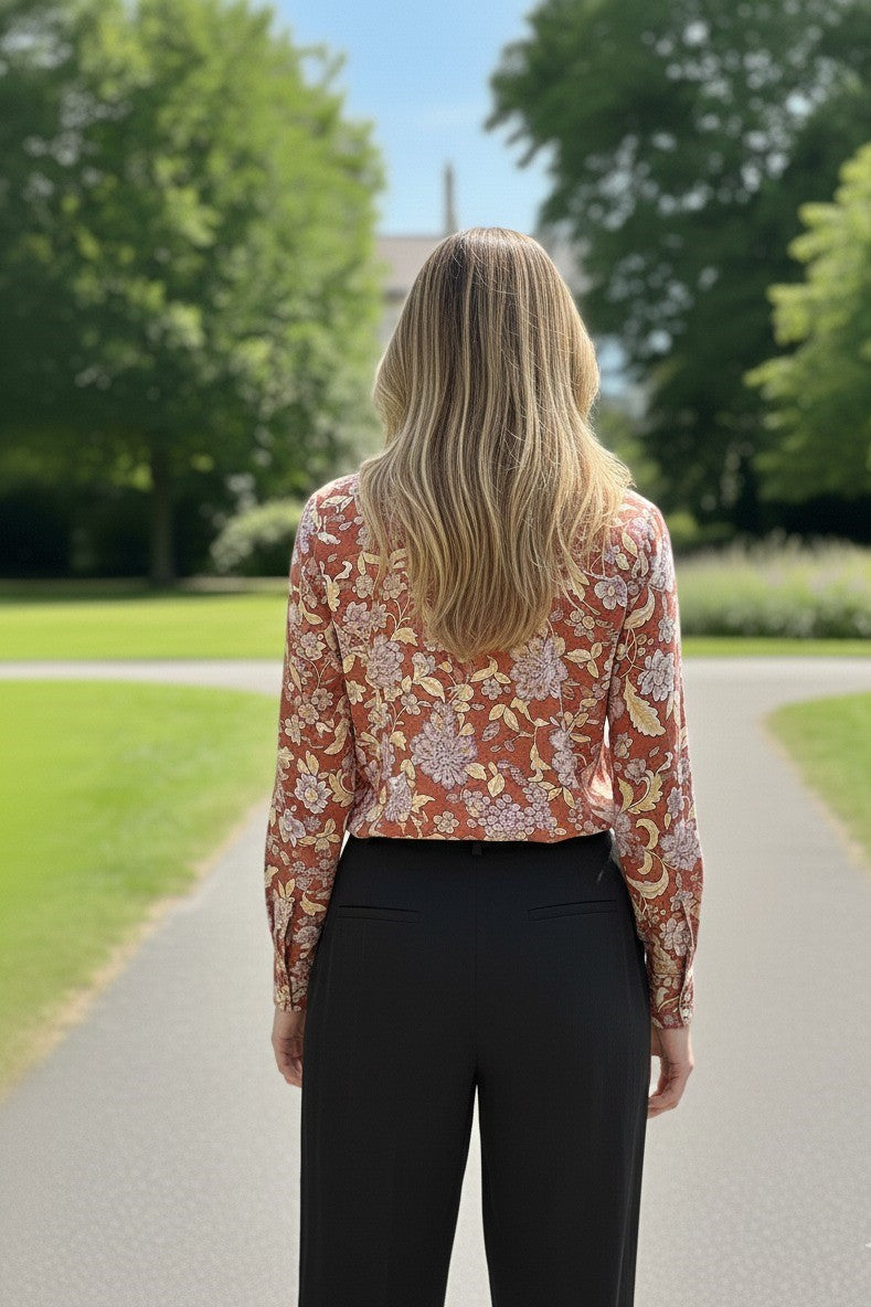 Cotton shirt for women with floral print and full sleeves. Lightweight summer shirt for women, perfect as a ladies cotton shirt, printed shirt, and stylish long sleeve top.