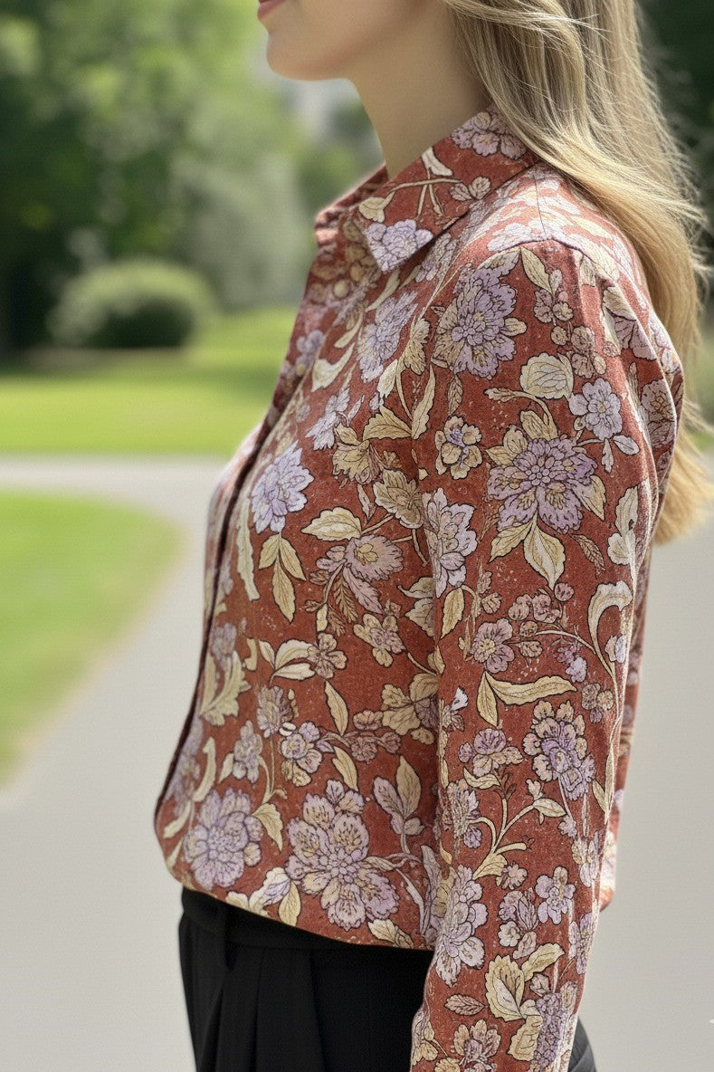 Cotton shirt for women with floral print and full sleeves. Lightweight summer shirt for women, perfect as a ladies cotton shirt, printed shirt, and stylish long sleeve top.