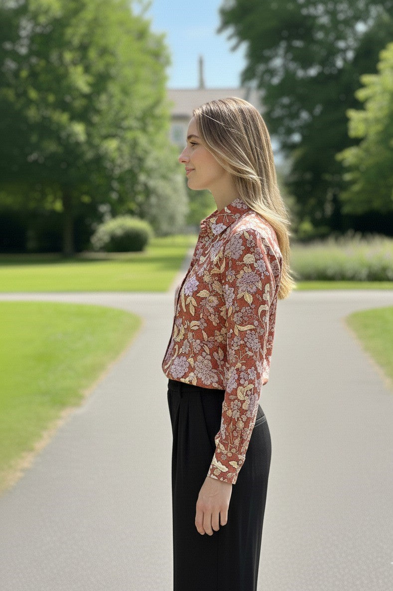 Cotton shirt for women with floral print and full sleeves. Lightweight summer shirt for women, perfect as a ladies cotton shirt, printed shirt, and stylish long sleeve top.