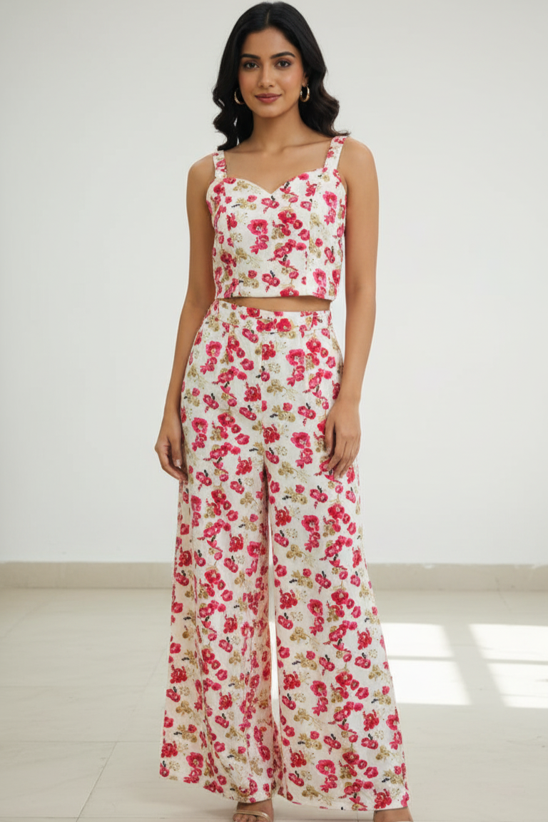 This vibrant dress for women features a stylish crop top paired with high-waisted flared palazzos. A modern floral dress for women perfect for summer outings and vacation style.
