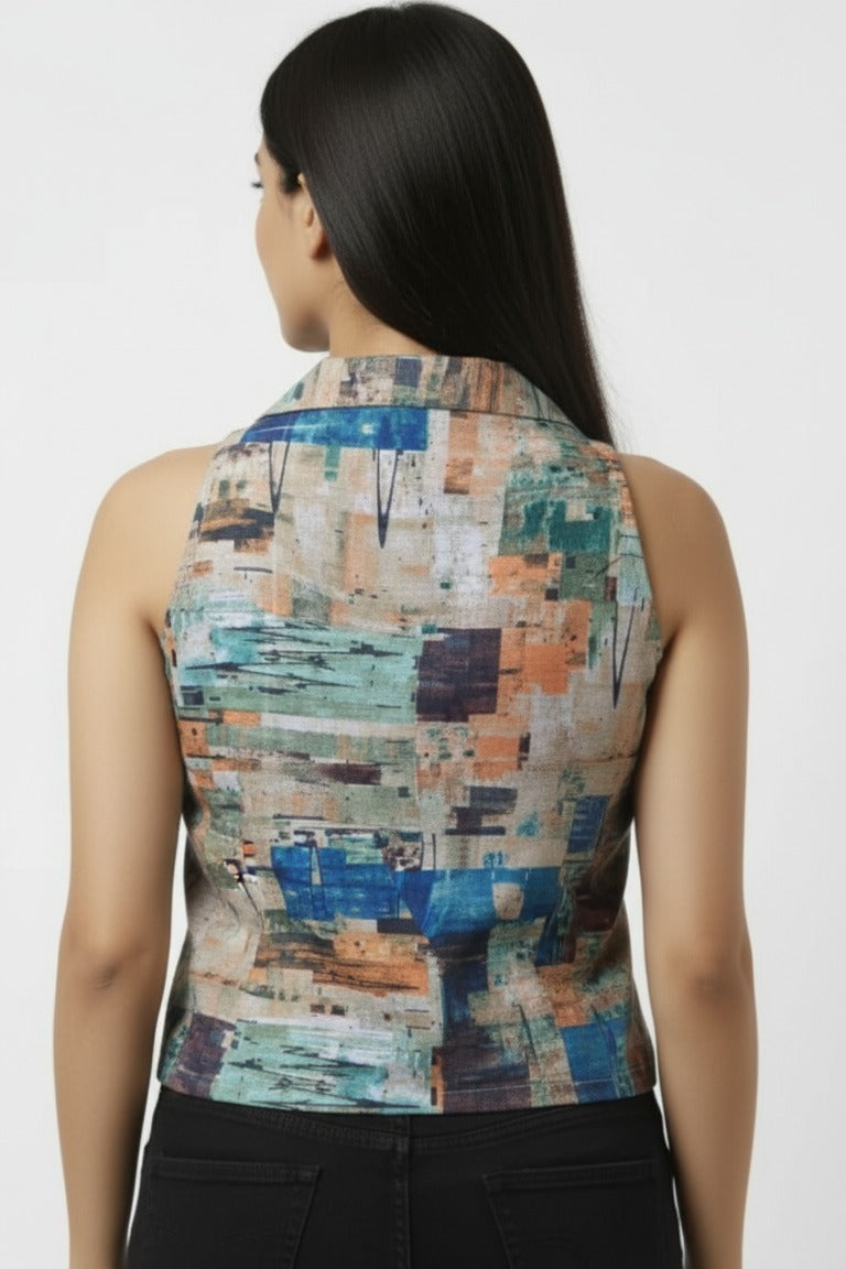 Women’s Geometric Print Cotton Crop Shirt – Back View
