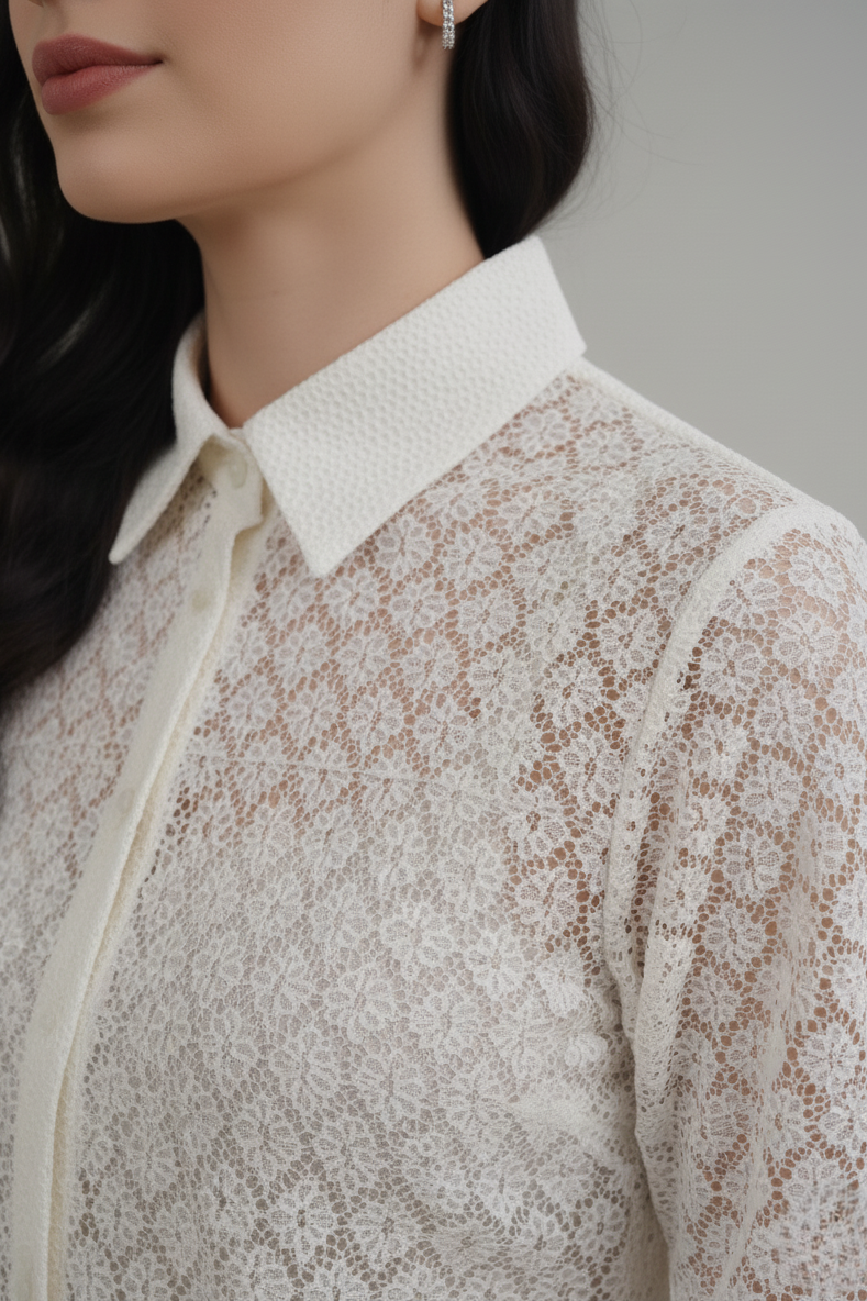 Stay cool and stylish in this women’s Korean white sheer shirt. This must-have white sheer shirt pairs perfectly with high-waist denim for a high-fashion, minimalist aesthetic.